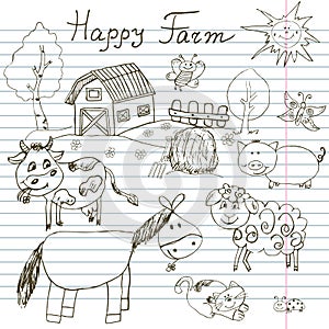 Happy farm doodles icons set. Hand drawn sketch with horse, cow, sheep pig and barn. childlike cartoony sketchy vector