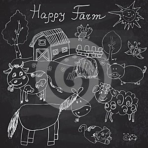 Happy farm doodles icons set. Hand drawn sketch with horse, cow, sheep pig and barn. childlike cartoony sketchy vector