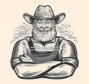 Happy farm worker in hat emblem. Smiling senior farmer with arms crossed. Hand drawn sketch vector illustration