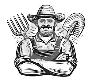 Happy farmer with arms crossed and gardening tools. Farm worker sketch. Hand drawn vintage vector illustration