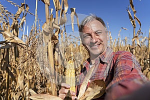 Happy Farmer with Corncob Taking Selfie Portrait on Corn Field