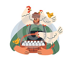Happy farmer with hens and organic eggs. Agriculture worker presenting products at local market with chicken. Man with