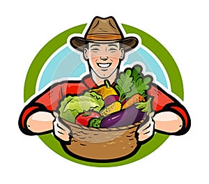 Happy farmer holding a wicker basket full of fresh vegetables. Agriculture, farm, farming concept. Cartoon vector