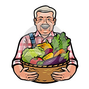 Happy farmer holding a wicker basket full of fresh vegetables. Farm, agriculture, horticulture concept. Cartoon vector photo