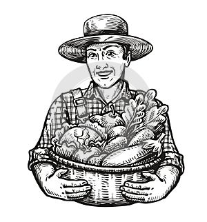 Happy farmer holds a wicker basket full of fresh vegetables. Farm, harvest, agriculture concept. Sketch vector