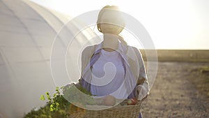 Happy farmer showing basket with fresh harvested vegetables and smiling in camera on countryside