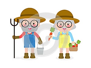 Happy farmers senior couple cute Cartoon characters of old man and old woman farming, Elderly Countryside concept vector flat