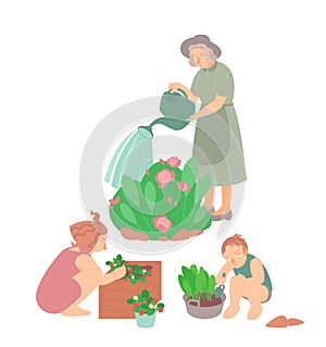 Happy farming, gardening. Flat characters. Editable vector illustration