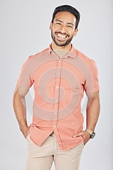 Happy, fashion and portrait of business Asian man in studio for confidence, pride and smile. Confident, casual worker