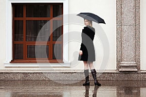 Happy fashion woman with umbrella in a rain