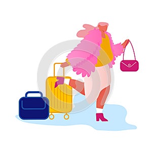 Happy Fashioned Woman Traveler with Luggage Inn to Hotel for Night. Young Female Guest with Baggage