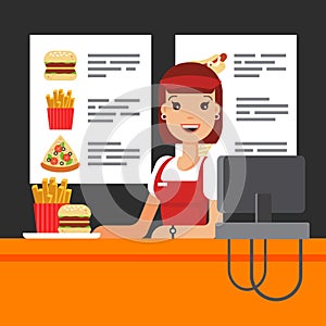 Happy fast food saleswoman in uniform with cash register. The snack seller in luncheonette, hamburger french fries pizza