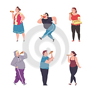 Happy Fat People Character Eating Fast Food Vector Set