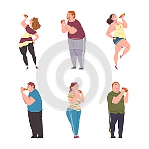 Happy Fat People Character Eating Fast Food Vector Set