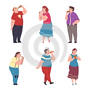 Happy Fat People Character Eating Fast Food Vector Set