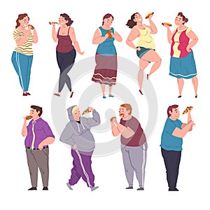 Happy Fat People Eating Fast Food Set, Cheerful Obese Men and Women Enjoying of Eating, Unhealthy Diet and Lifestyle