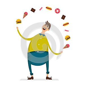 Happy fat young man funny cartoon character with junk food