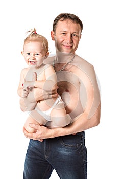 Happy father and baby girl cuddling on isolated white background