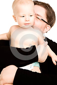 Happy father with a baby isolated on white. Father`s day