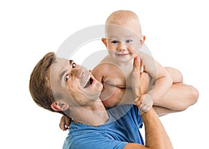 Happy father and baby son in his hands