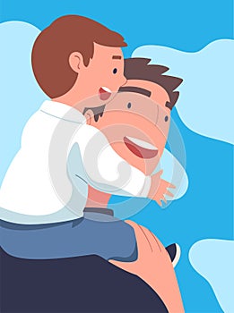 Happy Father Carry His Son on Shoulders Walking and Spend Time Together Vector Illustration