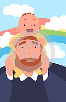 Happy Father Carry His Toddler Son on Shoulders Walking and Spend Time Together Vector Illustration