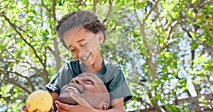 Happy father, child and fruit tree in garden for nutrition, health and laughing in sun or summer. Black family, parent