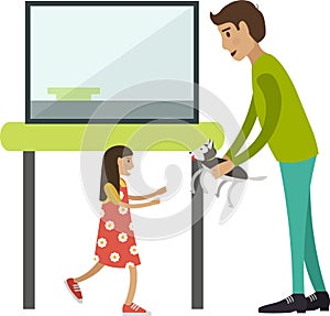 Happy father and daughter buying puppy at zoo shop vector icon isolated on white
