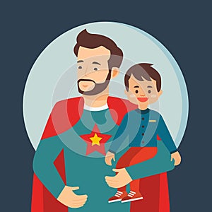 Happy Father Day Celebration with Character of Dad as Superhero Hero Holding His Son