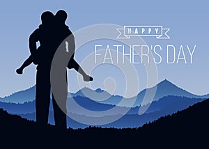 Happy father day with Silhouette son and his father at Mountain peaks in blue tone vector design photo