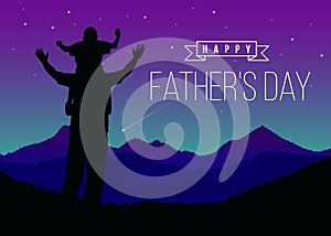 Happy father day with Silhouette son is riding his father`s neck look Meteor at Mountain peaks in night time vector design