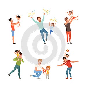 Happy Father with His Little Son Spending Time Together Having Fun Vector Set