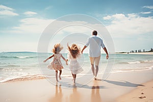 happy father and little daughter running and having fun on summer beach vacation, rear view Happy young family running and jumping
