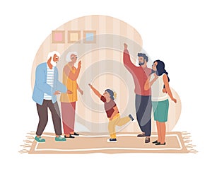 Happy father, mother and daughter visiting their senior parents, flat vector illustration. Homecoming.