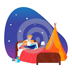 Happy father read story book for young kid at bed, vector illustration. People family character at cartoon bedtime