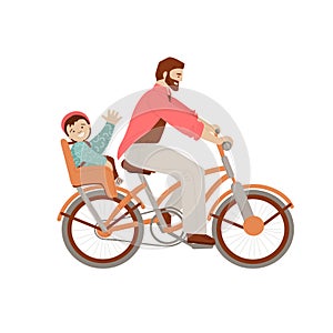 Happy father riding a bicycle with kid on baby carrier bike seat, waving his heand in cheer mood. Happy father with