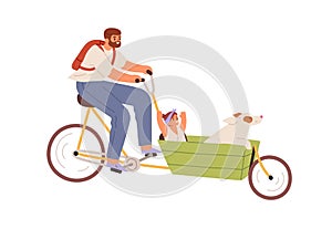 Happy father riding cargo bicycle with child and dog in carriage. Dad cycling bike with kid. Daddy together with