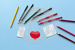 Happy Father`s day background or card. red sign of mustache with two red heart - eyes. empty copy space for inscription