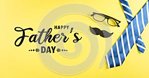 Happy Father`s Day background concept with blue tie, glasses and  mustache with the text on pastel yellow background