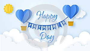 Happy Father`s Day background with flying origami hearts shape air balloons over clouds