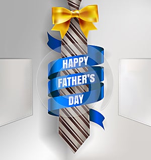 Happy Father`s Day background template with man brown tie and white shirt with gold bow and blue ribbon for promotion