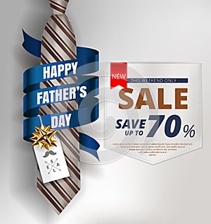 Happy Father`s Day background template with man brown tie and white shirt with gold bow and blue ribbon for promotion