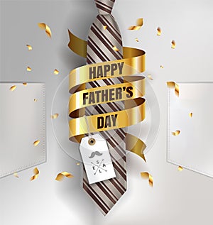 Happy Father`s Day background template with man brown tie and white shirt with gold bow and ribbon for promotion banner