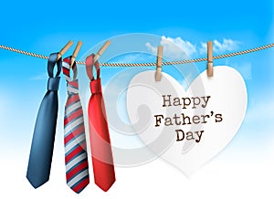 Happy Father`s Day Background With A Three Ties On Rope. Vector