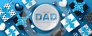 Happy Father`s day banner.Background with gift boxes,hearts,phone and streamers.Vector illustration