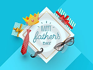 Happy Father's Day Banner Design with Gift Box and Crown and Male Hipster Element Laying on Light Blue Abstract Square