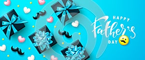 Happy father`s day banner with gift boxes, hearts and moustaches. Template design for postcard, flyer,poster, invitation