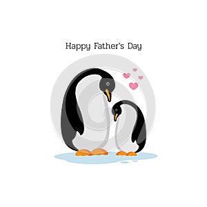 Happy Father`s day card. Cute baby penguin hugging his dad.