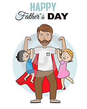 Happy Father`s day card. Father playing with his children