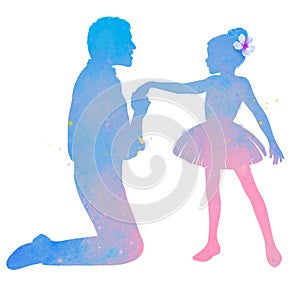 Happy father`s day with clipping path. Watercolor of father and his kid together. Happy family. Digital art painting